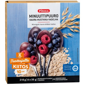 Pirkka minuuttipuuro kaura-mustikka-vadelma 210g (6x35g) kalorit ja ravintosisältö - 360 kcal