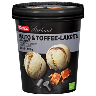Pirkka Parhaat maito & toffee-lakritsi luomujäätelö 500ml/300g kalorit ja ravintosisältö - 217 kcal