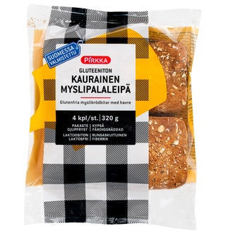 Pirkka gluteeniton kaurainen myslipalaleipä 4kpl/320g pakaste kalorit ja ravintosisältö - 252 kcal