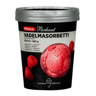Pirkka Parhaat vadelmasorbetti 500ml/380g kalorit ja ravintosisältö - 148 kcal