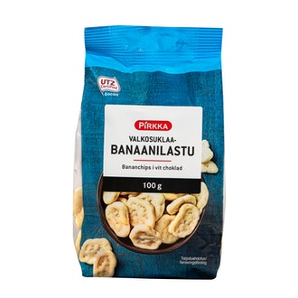 Pirkka valkosuklaa banaanilastu 100g UTZ kalorit ja ravintosisältö