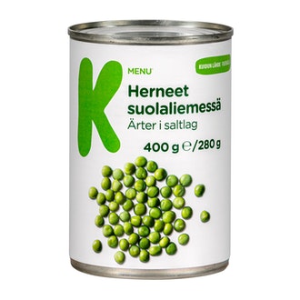 K-Menu herneet suolaliemessä 400g/280g kalorit ja ravintosisältö - 72 kcal