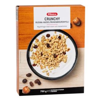 Pirkka Crunchy Rusina-hasselpähkinämuromysli 750g kalorit ja ravintosisältö - 441 kcal