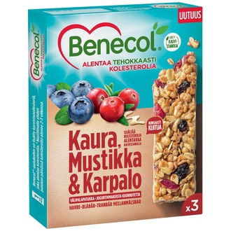 Benecol 3X40g Välipalapatukka Kaura-Mustikka-Karpalo Kolesterolia Alentava kalorit ja ravintosisältö