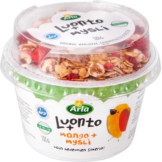 Arla Luonto+ AB laktoositon mangojogurtti ja marjamysli 188g kalorit ja ravintosisältö - 94 kcal