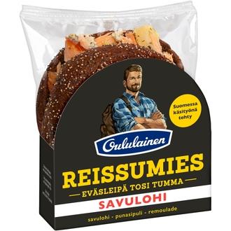 Oululainen Reissumies Eväsleipä Tosi Tumma Savulohi 130g, täytetty täysjyväruisleipä lohi-punasipuli-remoulade kalorit ja ravintosisältö