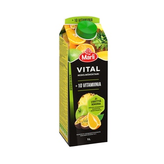 Marli Vital 50% vähemmän sokeria hedelmänektari + 10 vitamiinia 1l kalorit ja ravintosisältö