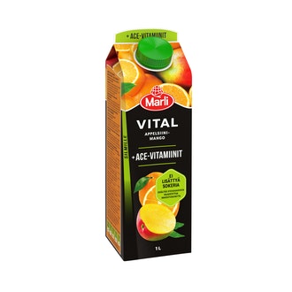Marli Vital 50% vähemmän sokeria appelsiini - mango mehujuoma + ACE - vitamiinit 1l kalorit ja ravintosisältö
