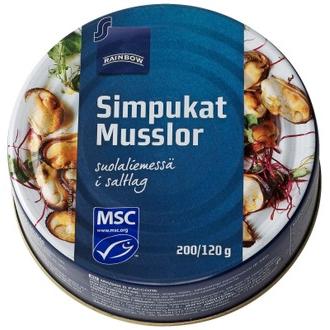 Rainbow 200/120g simpukat suolaliemessä MSC kalorit ja ravintosisältö - 89 kcal
