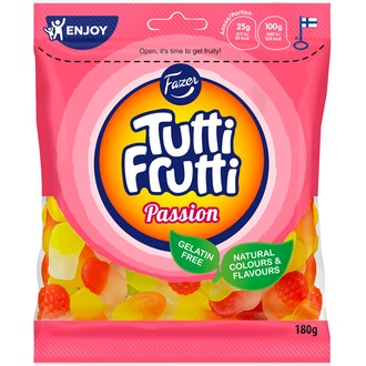 Fazer Tutti Frutti Passion karkkipussi 180g kalorit ja ravintosisältö - 358 kcal