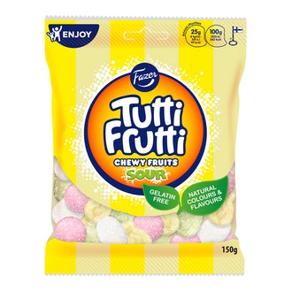 Fazer Tutti Frutti Chewy Fruits Sour 150g kalorit ja ravintosisältö - 362 kcal