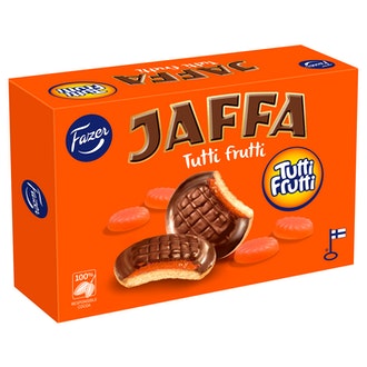 Fazer Jaffa Tutti Frutti suklaalla kuorrutettu appelsiininmakuinen keksi 300g kalorit ja ravintosisältö - 374 kcal