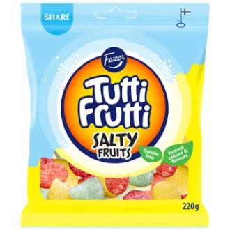 Fazer Tutti Frutti Salty Fruits karkkipussi 220g kalorit ja ravintosisältö - 362 kcal