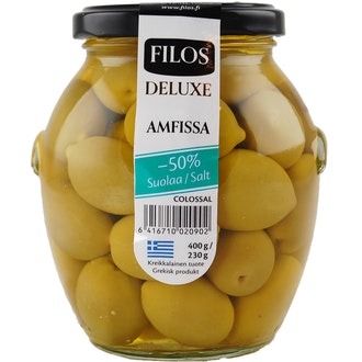 Filos Deluxe vihreä oliivi Amfissa, -50% suolaa 400g/230g kalorit ja ravintosisältö - 181 kcal
