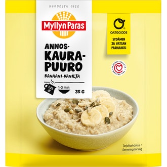Myllyn Paras Oatgoods Banaani Vanilja Annoskaurapuuro 35g kalorit ja ravintosisältö - 381 kcal