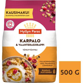Myllyn Paras täysjyvämysli LIMITED EDITION Karpalo-Vaahterasiirappi 500g kalorit ja ravintosisältö - 379 kcal