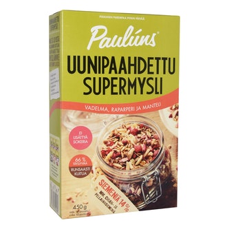 Paulúns uunipaahdettu supermysli 450g vadelma-raparperi kalorit ja ravintosisältö