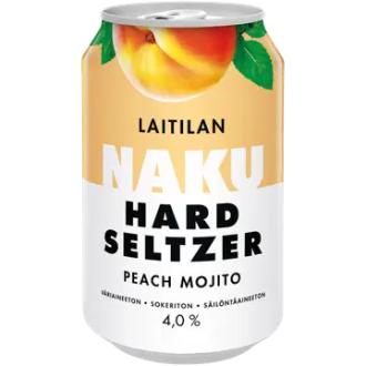 Laitilan Naku Hard Seltzer Peach Mojito 4,0 til-% 0,33L hard seltzer persikkamojiton makuinen makeuttamaton alkoholijuoma kalorit ja ravintosisältö - 22 kcal