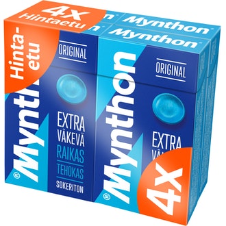Mynthon 140g Extra väkevä sokeriton 4-pack kurkkupastilli kalorit ja ravintosisältö