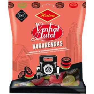 Halva Vanhat Autot Vararengas salmiakin- ja hedelmänmakuisia makeisia 120 g kalorit ja ravintosisältö - 323 kcal