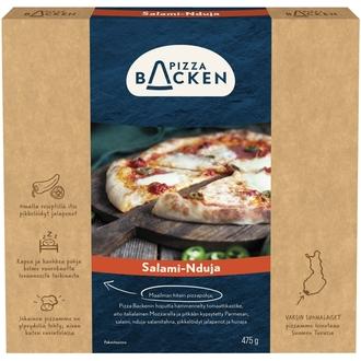 Pizza Backen Salami-Ndujapizza 475g pakastepizza kalorit ja ravintosisältö