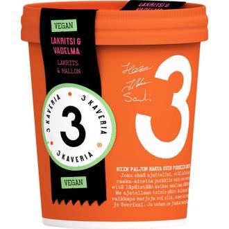3 Kaverin Vegaaninen jäätelö, Lakritsi & Vadelma 500ml kalorit ja ravintosisältö