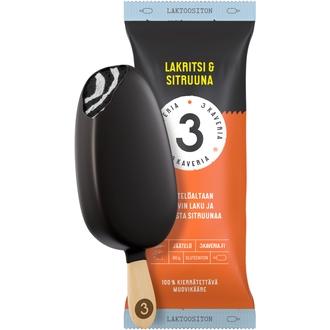 Kolmen Kaverin Jäätelö Laktoositon Lakritsi & Sitruuna jäätelöpuikko 110ml/80g kalorit ja ravintosisältö