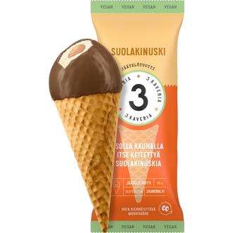 Kolmen Kaverin Jäätelö Vegaaninen Suolakinuski jäätelötuutti 150ml/95g kalorit ja ravintosisältö