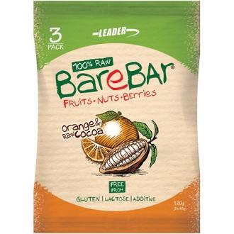 Leader Barebar  Taatalipatukka Appelsiini-Raakakaakao 3X40 G kalorit ja ravintosisältö - 383 kcal
