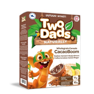 TwoDads CacaoBoom Kaakao banaani täysjyvämuro 250g kalorit ja ravintosisältö