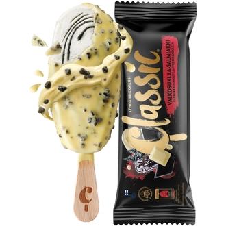 Classic Valkosuklaa-Salmiakki kermajäätelöpuikko 74g/100ml kalorit ja ravintosisältö - 354 kcal