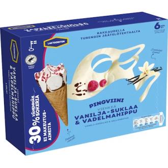 Pingviini Vanilja-Suklaa & Vadelmahippu, Laktoositon monipakkaus 6x67g kalorit ja ravintosisältö - 207 kcal