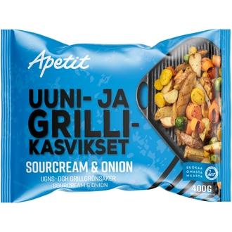 Apetit Uuni-& grillikasvikset Sourcream & onion pakaste 400g kalorit ja ravintosisältö - 91 kcal