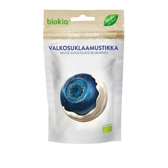Biokia Valkosuklaamustikka 75g luomu kalorit ja ravintosisältö