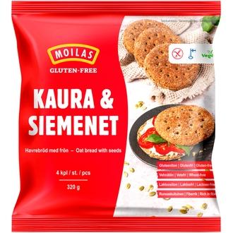 Moilas Gluten-Free Kaura & Siemenet 4 kpl/320 g, kaura-siemenpalaleipä kypsä pakaste kalorit ja ravintosisältö