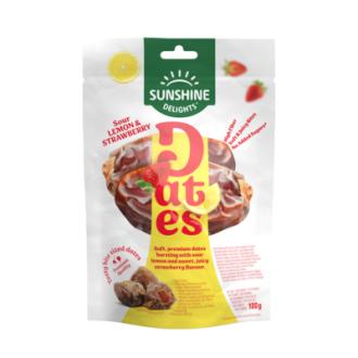 Sunshine Delights Sour Lemon and Strawberry Flavored dates 100g kalorit ja ravintosisältö - 356 kcal