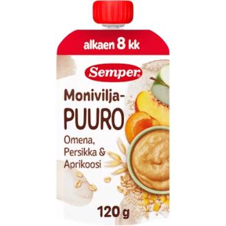 Semper Moniviljapuuro Omena, persikka & aprikoosi 120g alkaen 8 kk käyttövalmis lastenpuuro kalorit ja ravintosisältö - 64 kcal