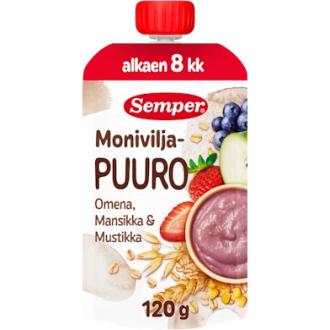 Semper Moniviljapuuro Omena, mansikka & mustikka 120g alkaen 8 kk käyttövalmis lastenpuuro kalorit ja ravintosisältö