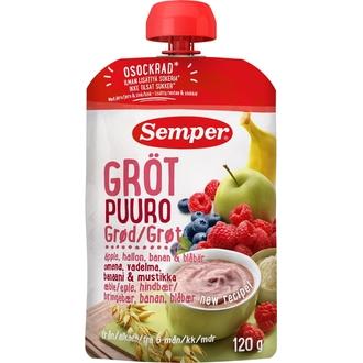 Semper 120G Puuro Omena, Vadelma, Banaani &amp; Mustikka Alkaen 6 Kk Käyttövalmis Lastenpuuro kalorit ja ravintosisältö - 77 kcal