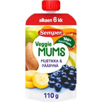 Semper Veggiemums Mustikka & päärynä alkaen 6kk hedelmäsose 110g kalorit ja ravintosisältö - 68 kcal