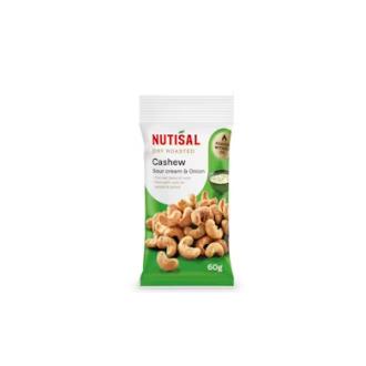 Nutisal Sour Cream & Onion kuivapaahdettu cashew 60g kalorit ja ravintosisältö
