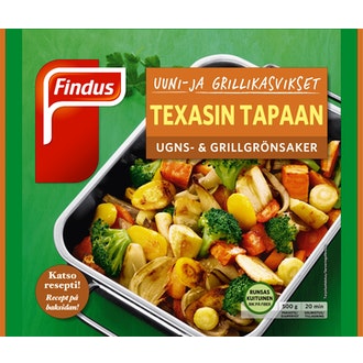 Findus Uuni- & grillikasvikset Texas style 500g, pakaste kalorit ja ravintosisältö
