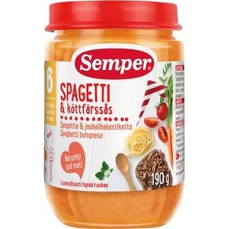 Semper 190G Spagettia &amp; Jauhelihakastiketta Alkaen 6 Kk Lastenateria kalorit ja ravintosisältö