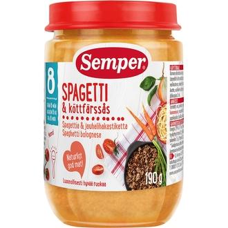 Semper 190G Spagettia & Jauhelihakastiketta Alkaen 8 Kk Lastenateria kalorit ja ravintosisältö