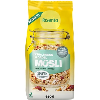 Risenta mysli 650g chia-kookos-taateli kalorit ja ravintosisältö