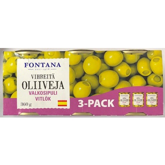Fontana vihreä oliivi valkosipulilla 3 x 120g/50g kalorit ja ravintosisältö