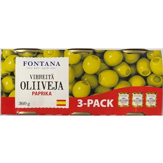 Fontana vihreä oliivi paprikalla 3 x 120g/50g kalorit ja ravintosisältö