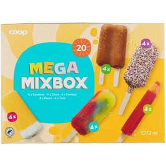 Coop Mega Mixbox jäätelö- ja mehujääsekoitus 20 kpl 1072 ml/952 g kalorit ja ravintosisältö - 155 kcal