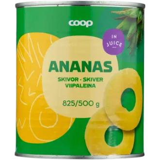 Coop ananas viipaleina täysmehussa 825/500 g kalorit ja ravintosisältö