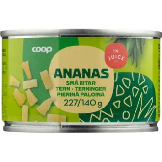 Coop ananas pieninä paloina täysmehussa 227/140 g kalorit ja ravintosisältö